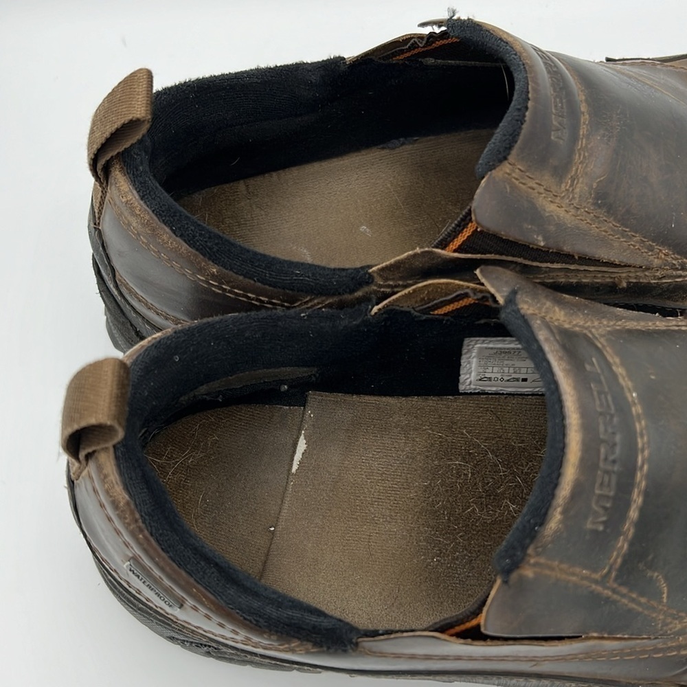 MERRELL SIZE 12 DARK EARTH BROWN SLIP ON LEATHER MOC J39577 - Picture 9 of 13